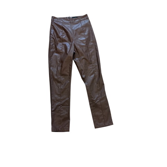 PrettyLittleThing Pants - PrettyLittleThing Brown Faux‎ Leather Pants Size 4 High Waist Trousers